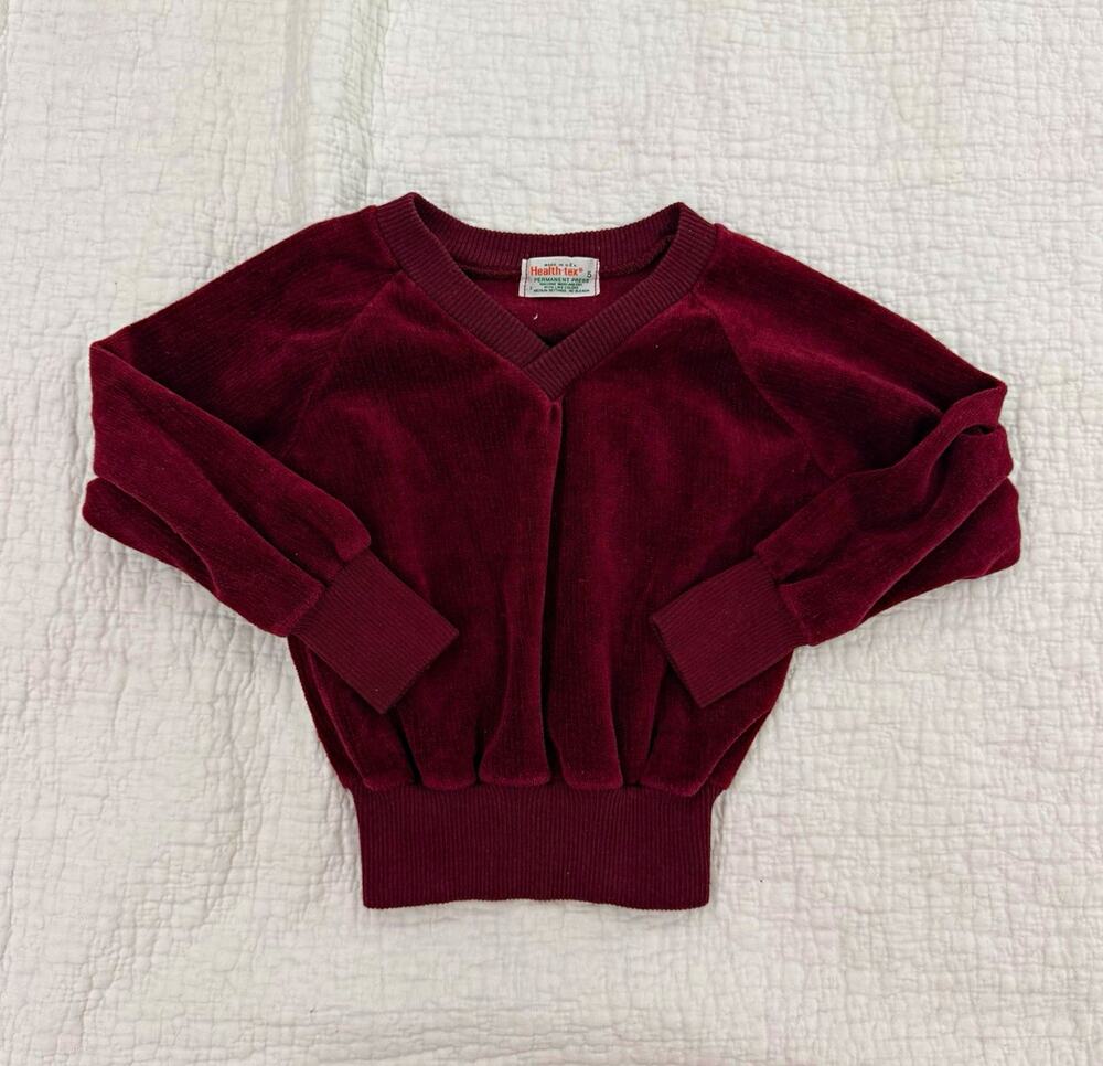 Health-tex Girls Burgundy Velour V-Neck Long Sleeve Pullover Sweater Size 5